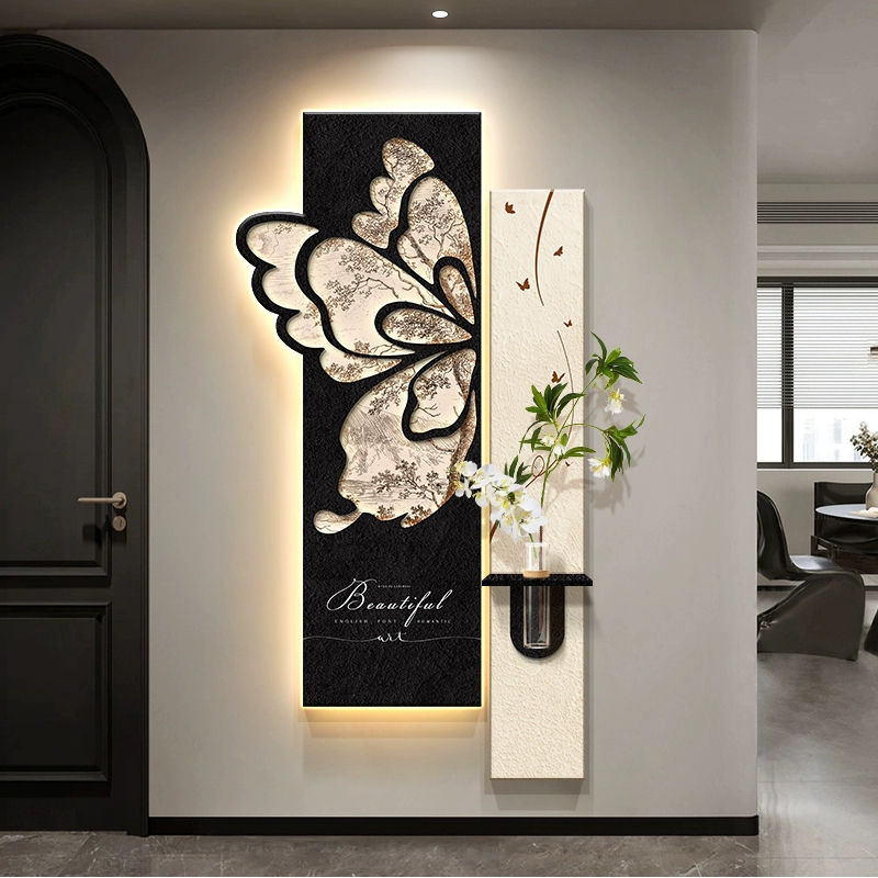 2025新款走廊尽头挂画入户正对门高级感壁画中古风玄关带灯装饰画