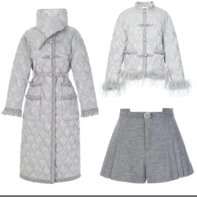 不退no换 挪威星空银灰色高级感刺绣中式中长款收腰羽绒服套装