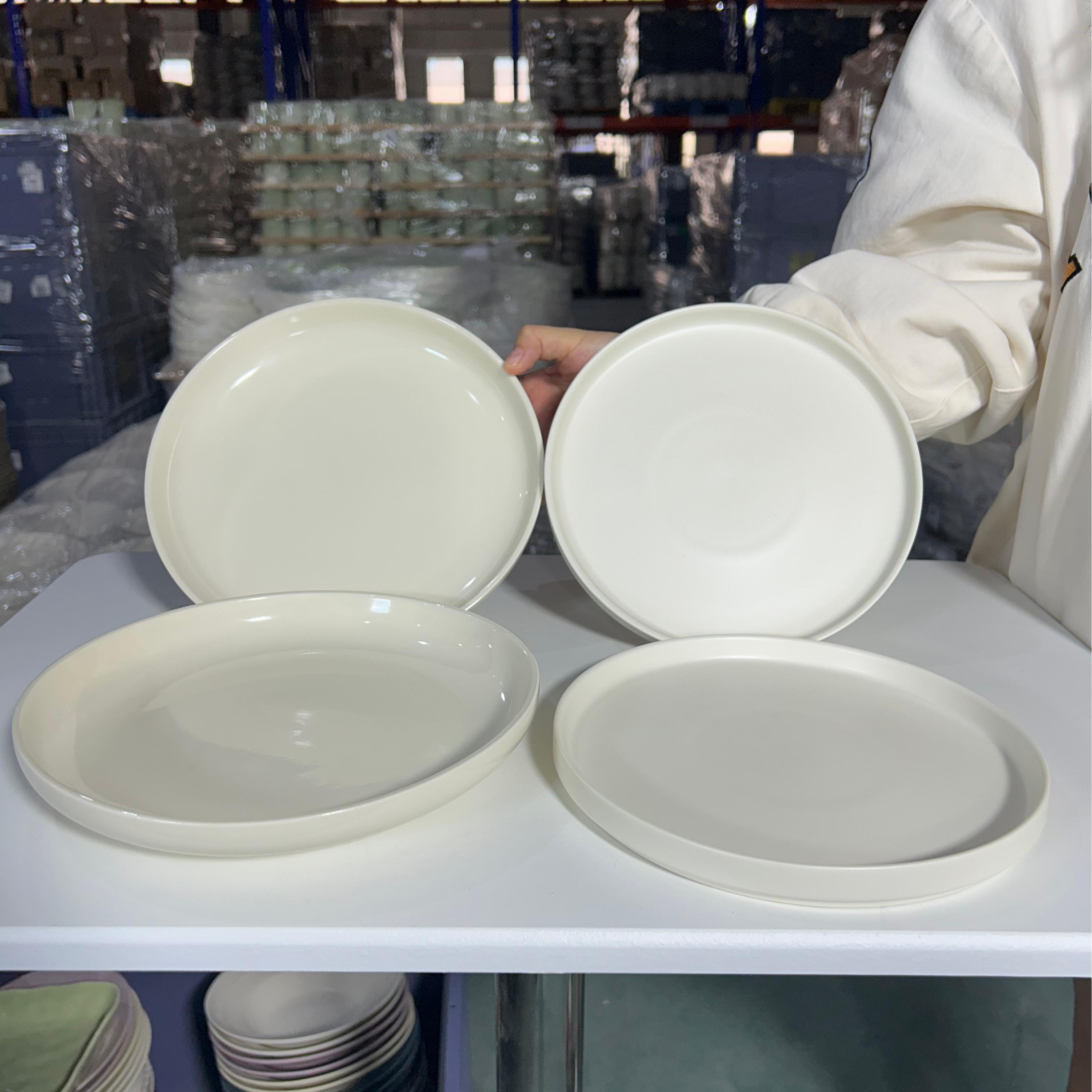 微瑕8.5英寸亮光米白汤盘+8英寸折边盘奶昔白组合简约家用盘子
