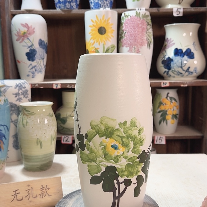 陶高33腰鼓绿绿牡丹陶瓷