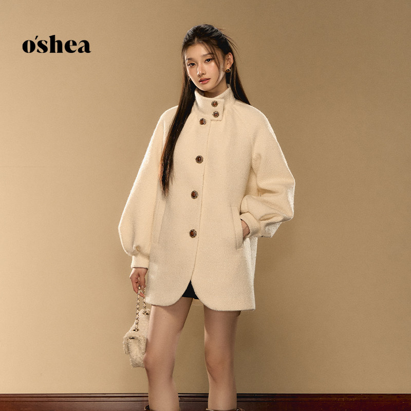 oshea【官方专享】灯笼袖立领短外套女2025冬单排扣慵懒小个子上衣