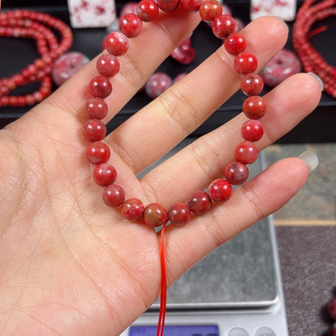 天然辰砂原石手串卡7+