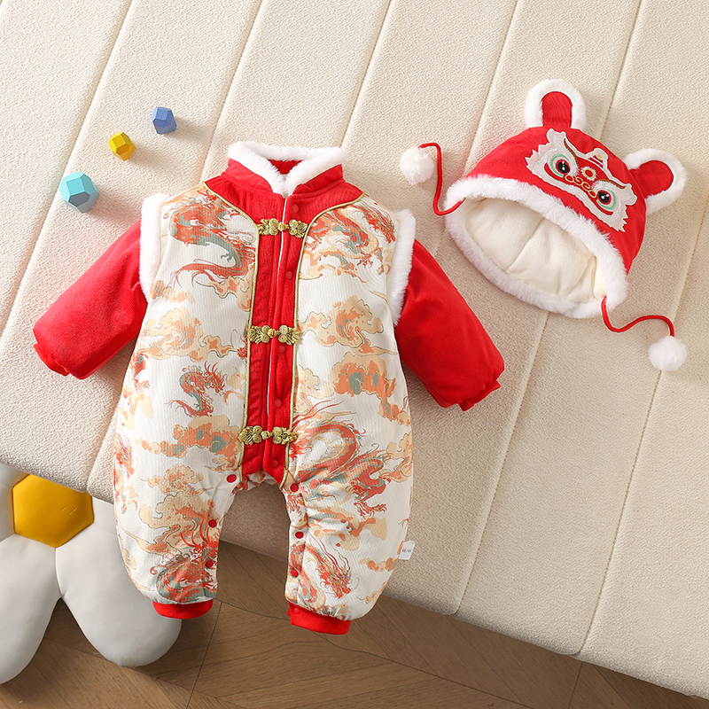 冬季宝宝红色喜庆满月周岁拜年服加厚保暖连体祥云龙带帽棉哈衣