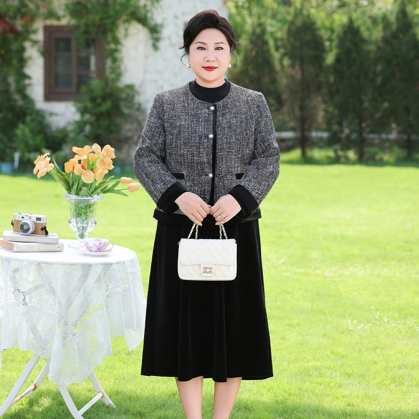 妈妈秋季洋气套装半高领连衣裙打底裙子时尚小香风开衫外套两件套