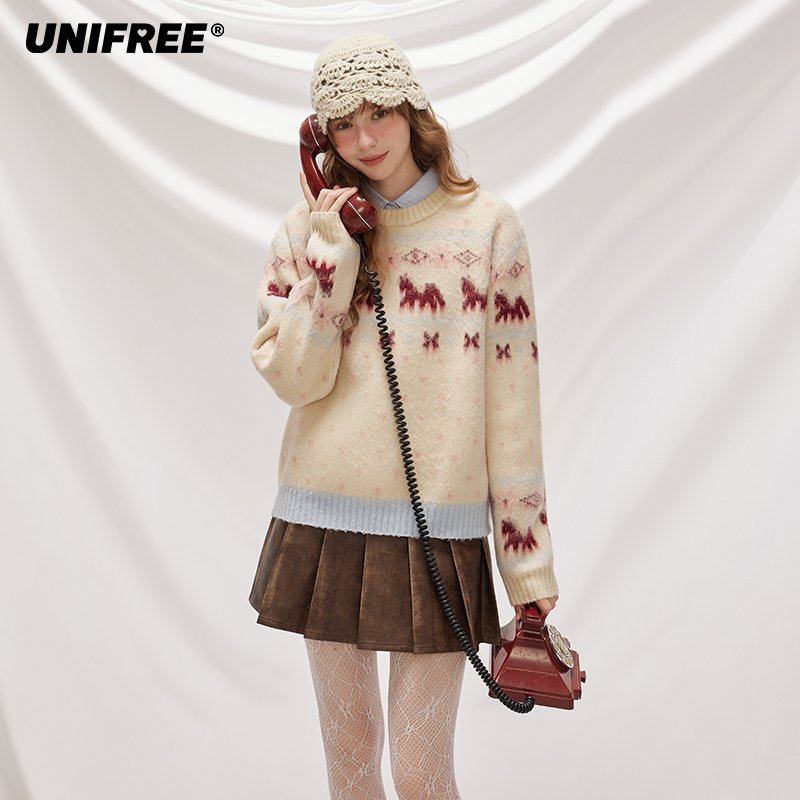【芋总专属】UNIFREE米色费尔岛圆领毛衣U254K043C1W1