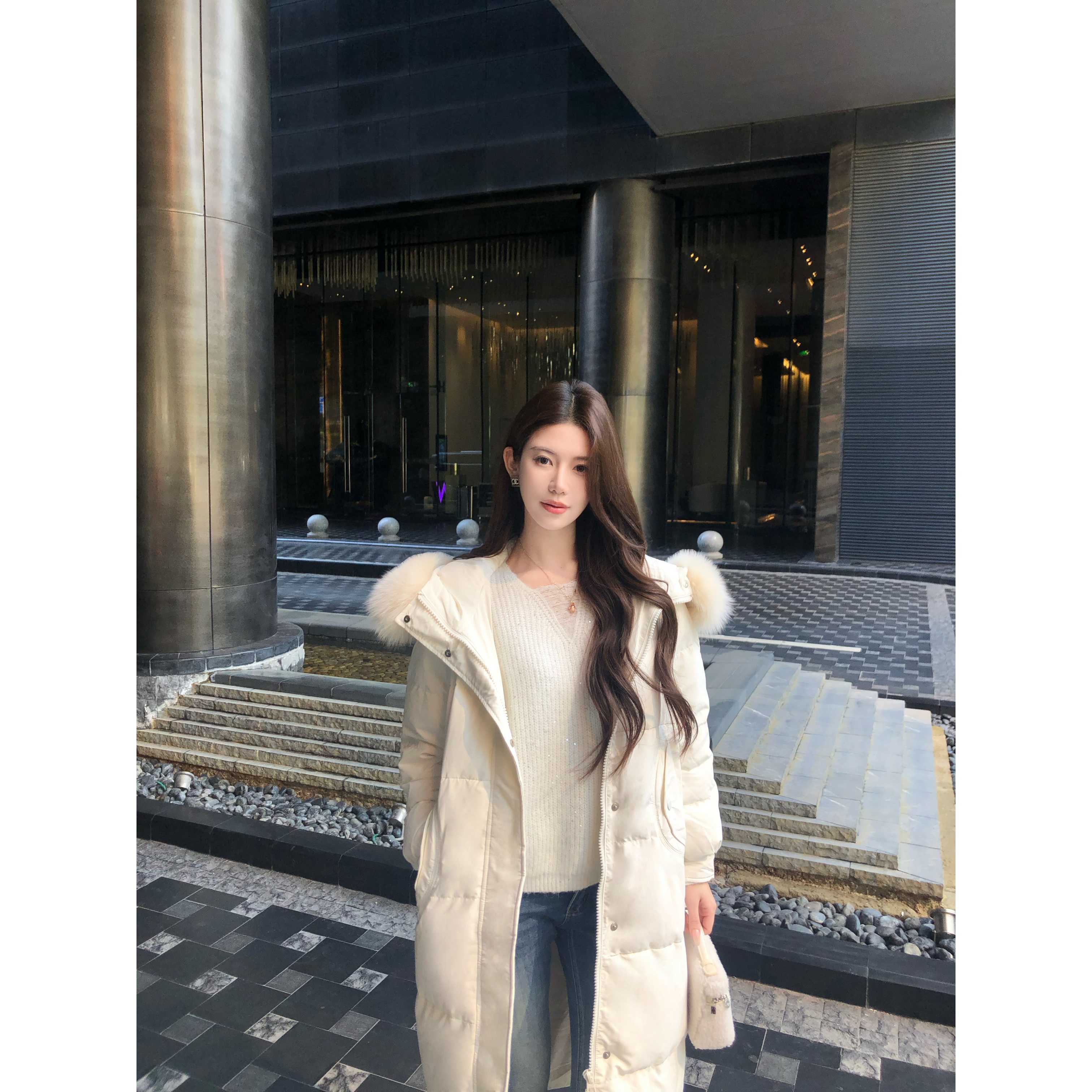 【禾呈】90白鸭绒羽绒服女中长款大毛领加厚长款过膝保暖外套10879