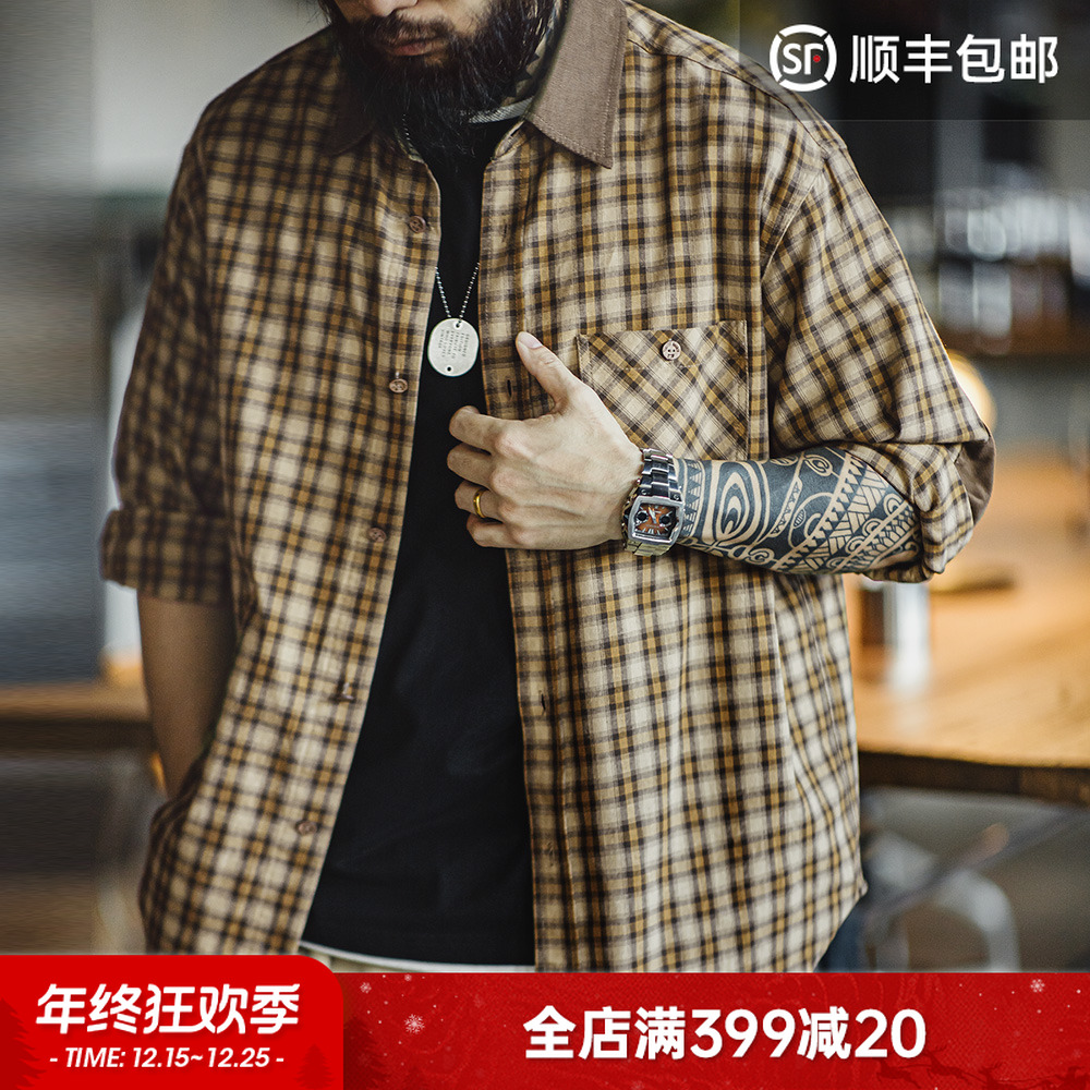 马登工装美式复古苏格兰格纹长袖衬衫灯芯绒拼接翻领格子衬衣男秋
