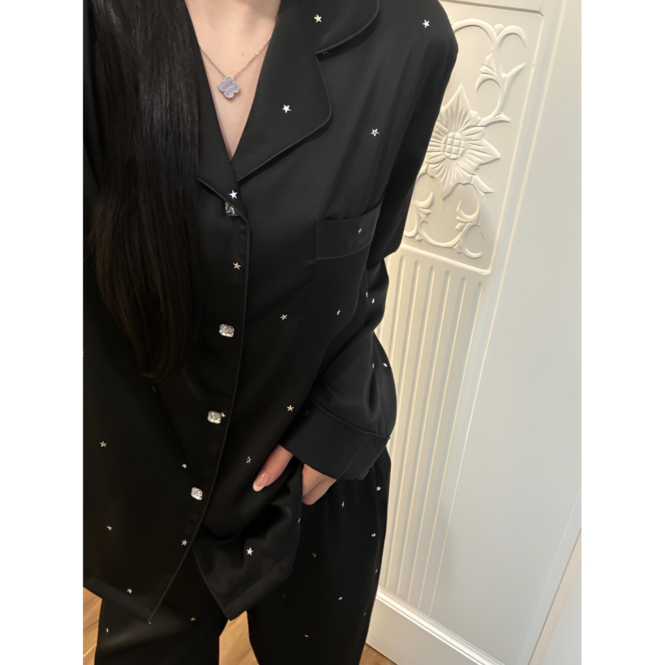 【烫钻星星】高级黑色纯欲印花冰丝睡衣女春夏季家居服套装外穿