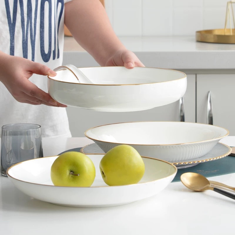 景德镇高温骨瓷【大盘子饭盘/窝盘】描金轻奢款式大盘鸡 大菜盘