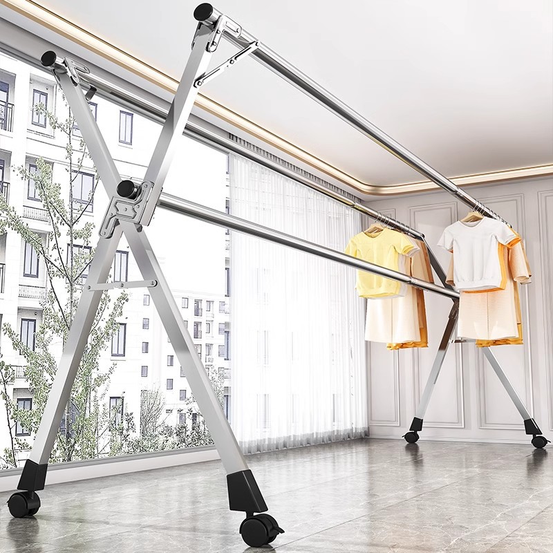 折叠晾衣架落地阳台室内家用卧室不锈钢室外凉伸缩杆式晒被子神器