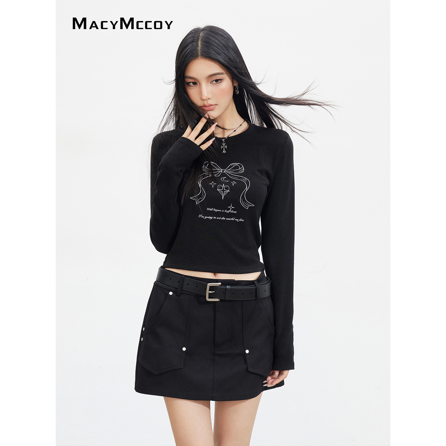 【熊小姐专属】MacyMccoy蝴蝶结字母长袖T恤女秋季显瘦正肩上衣