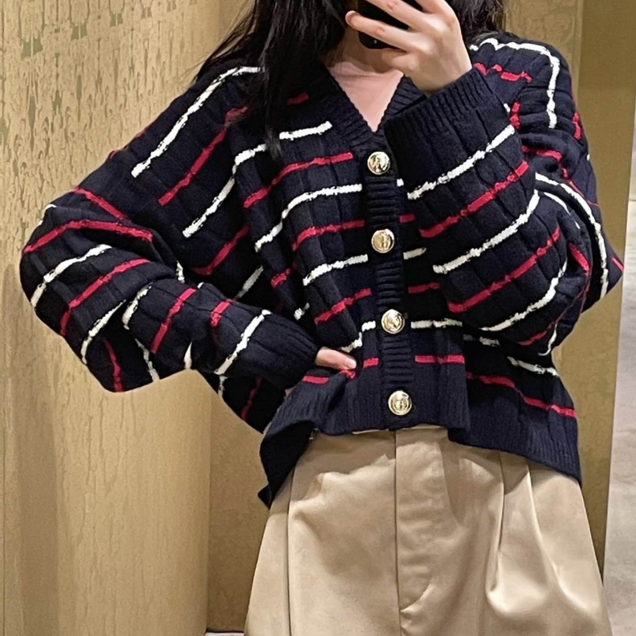 未使用 MIU MIU/缪缪 汤/P245826076/深蓝色条纹经典logo开衫 36 