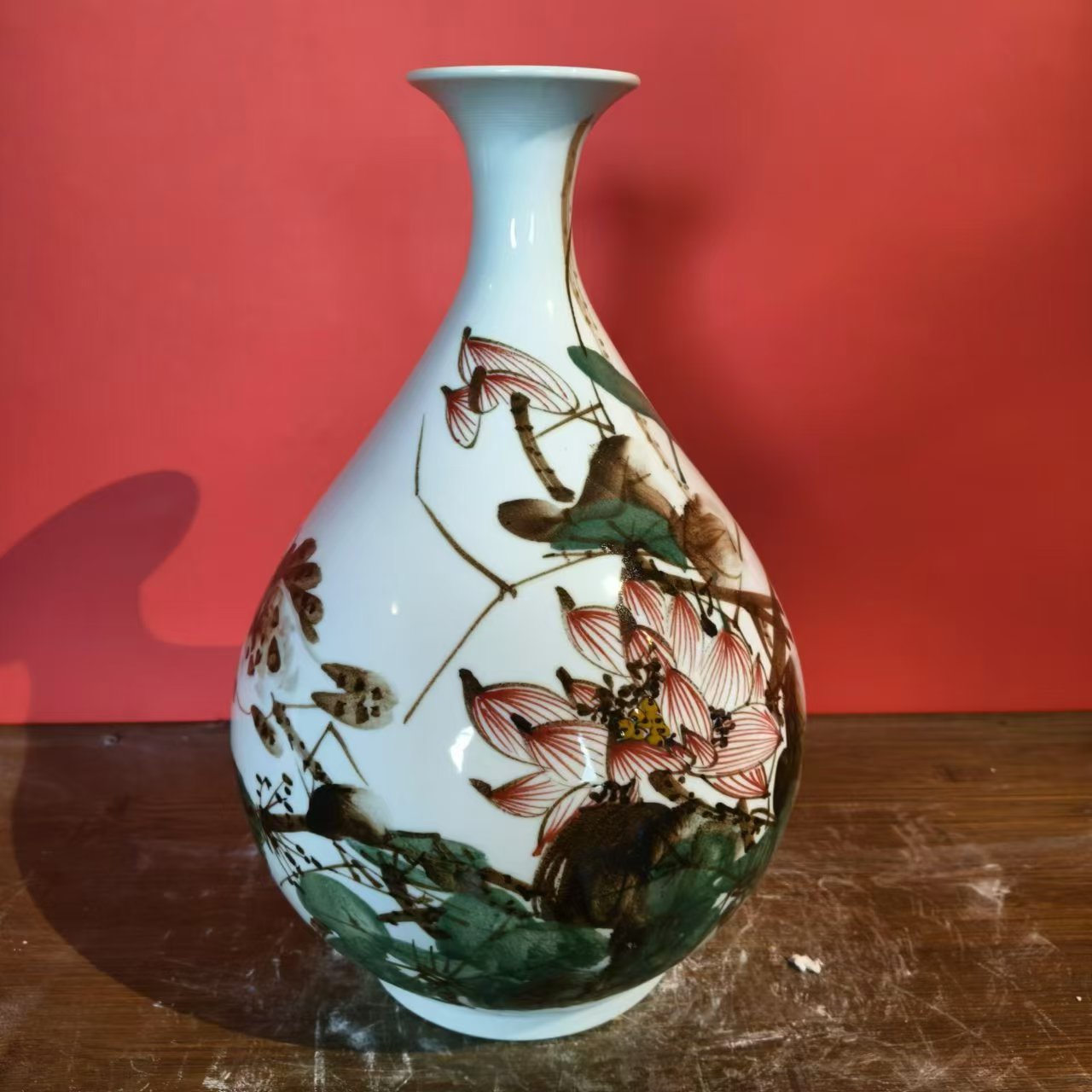 133 景德镇陶瓷花瓶手工手绘釉下五彩荷花玉壶春瓶