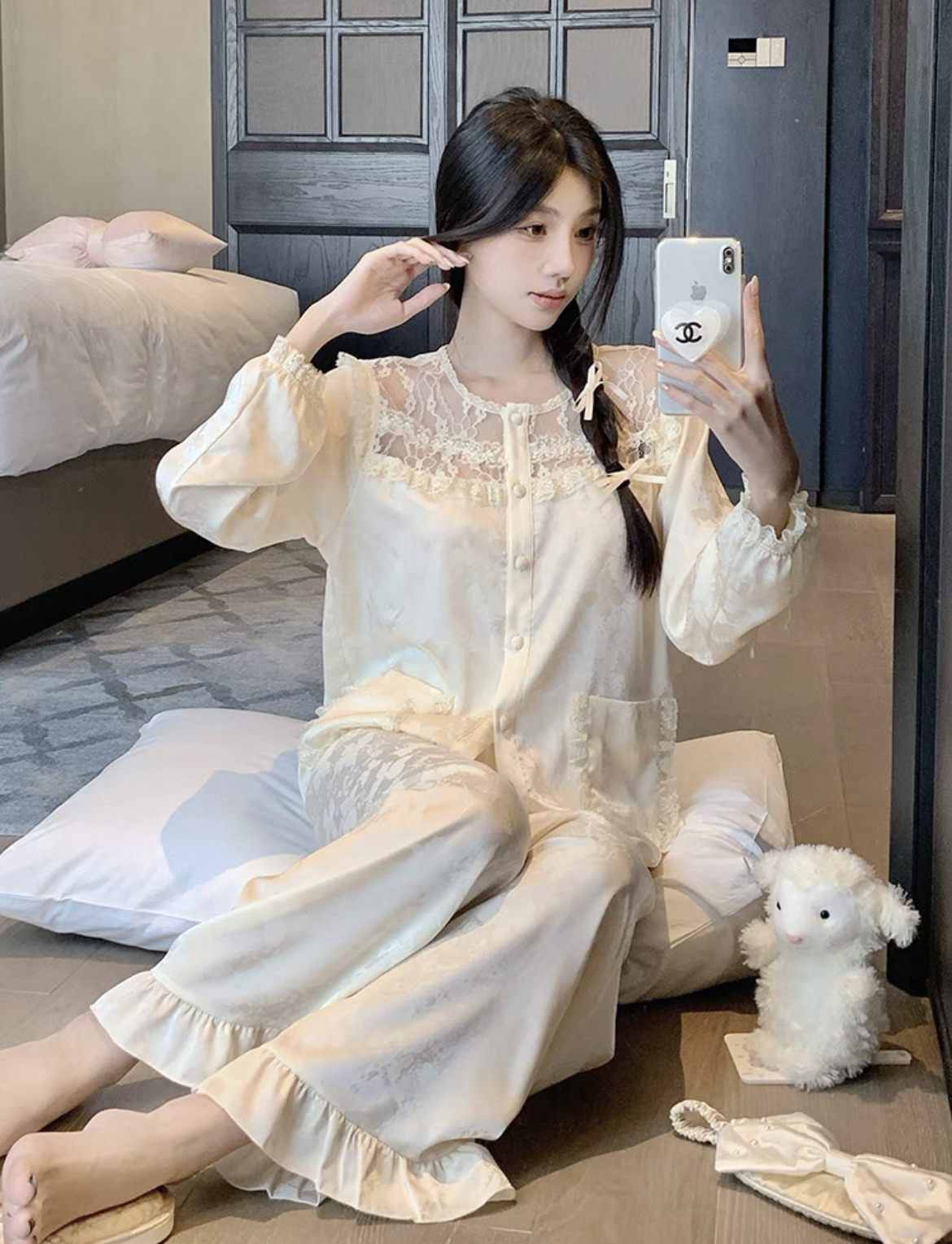 睡衣家居服春夏款女款可外穿亲肤透气柔光锻面翻领长袖长裤