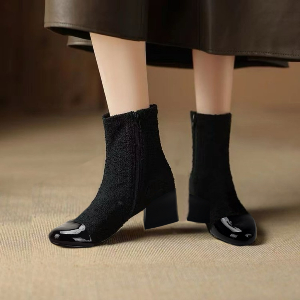 L6388尖头马丁靴女024秋冬新款法式瘦瘦短靴粗跟高级感拼色女靴