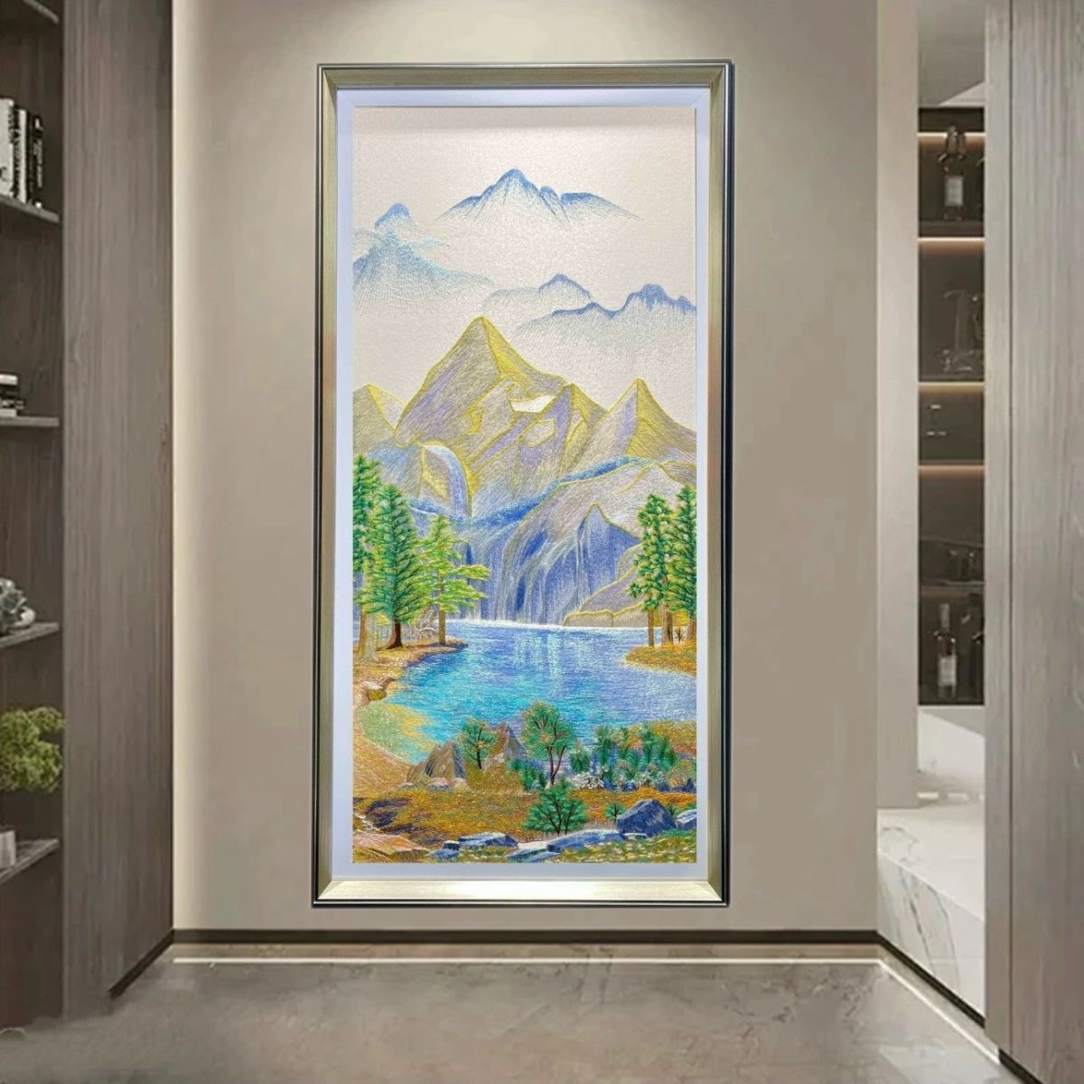 织锦金山聚宝盆中式挂画苏绣高端刺绣玄关装饰画竖版走廊过道壁画