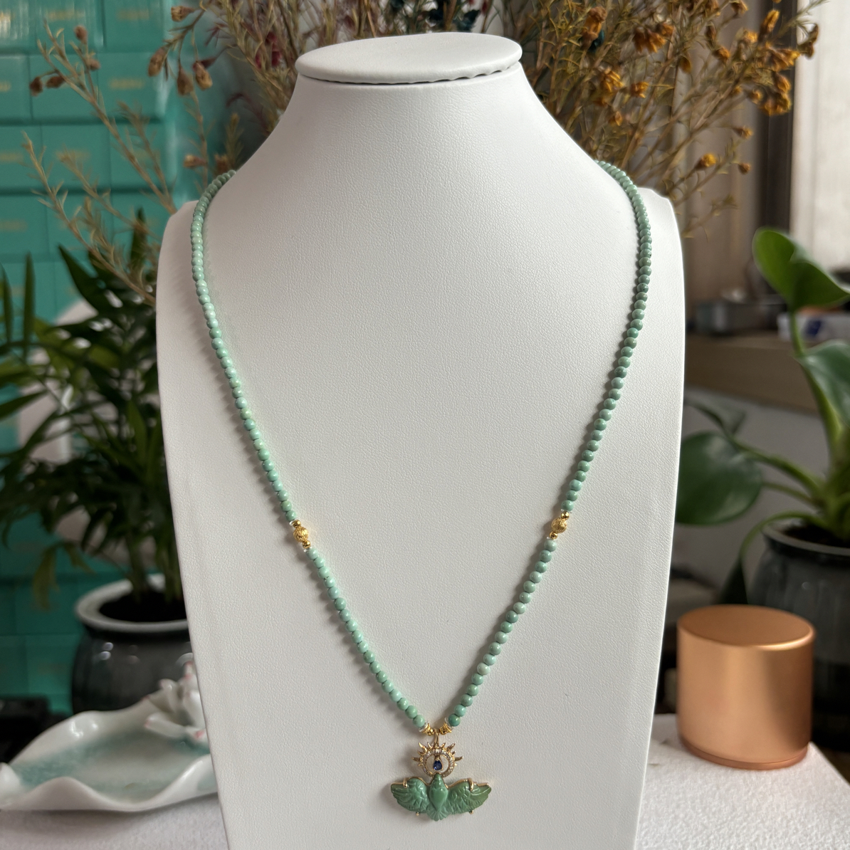 2380｜天然绿松石18K金镶嵌精致飞鹰项链