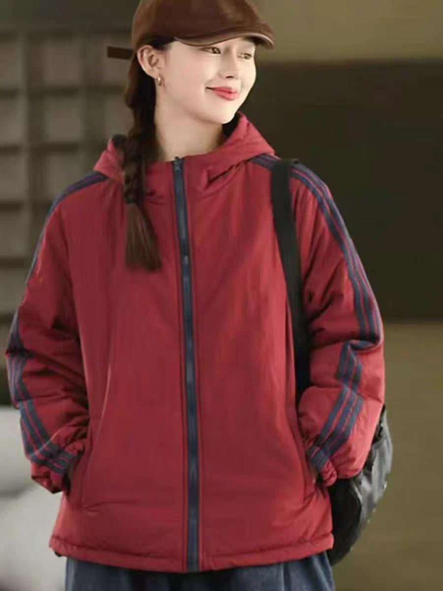 拼接女厚款连帽棉衣连帽宽松棉服两面穿保暖户外