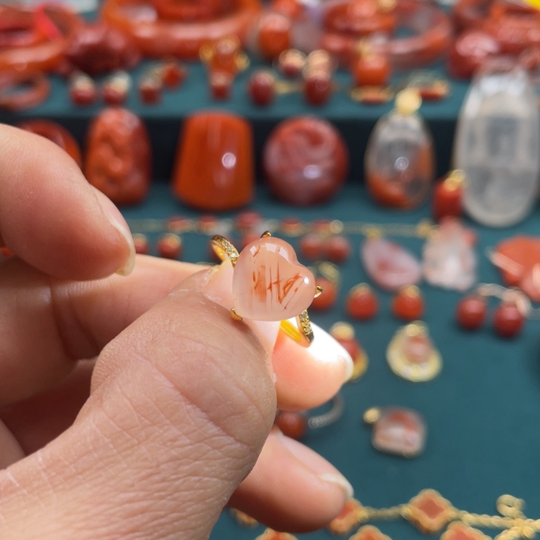 南红玛瑙冰飘火焰南红爱心戒指银S925镀金镶嵌