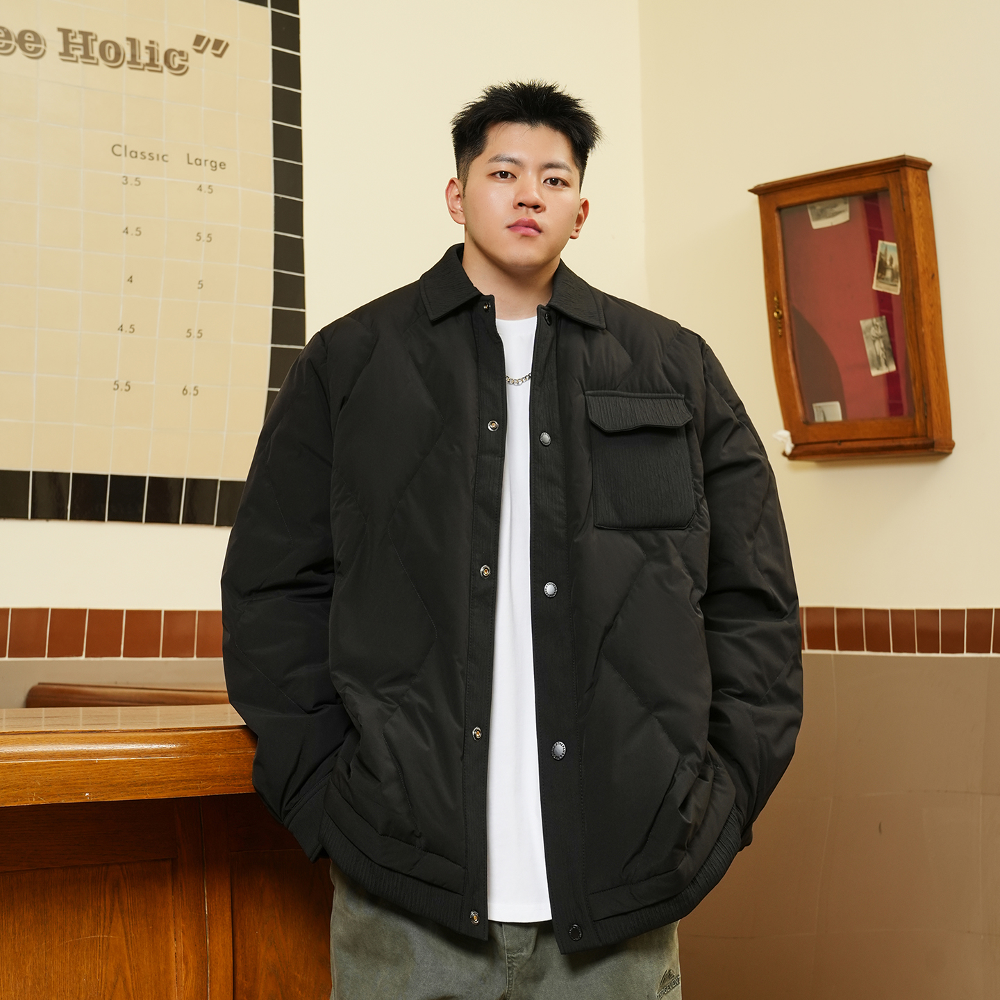 THE PANG【90绒】潮牌大码男装胖子宽松假两件羽绒服冬装外套翻领