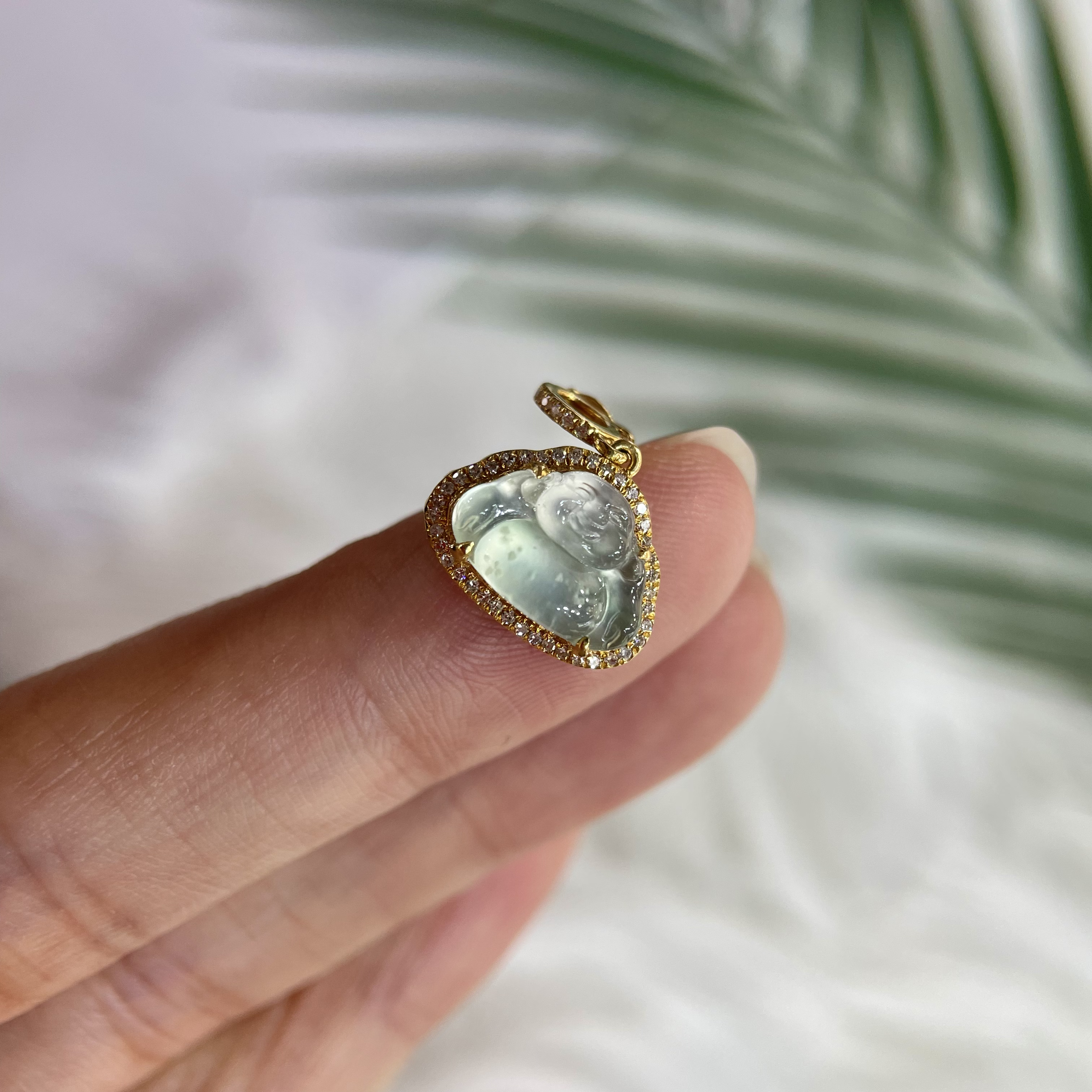 天然A货翡翠18k金镶嵌高冰木讷飘绿花佛公