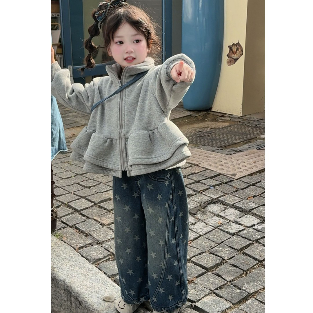 女童外套一体绒秋装2025新款灰色洋气时髦上衣休闲韩版星星牛仔裤