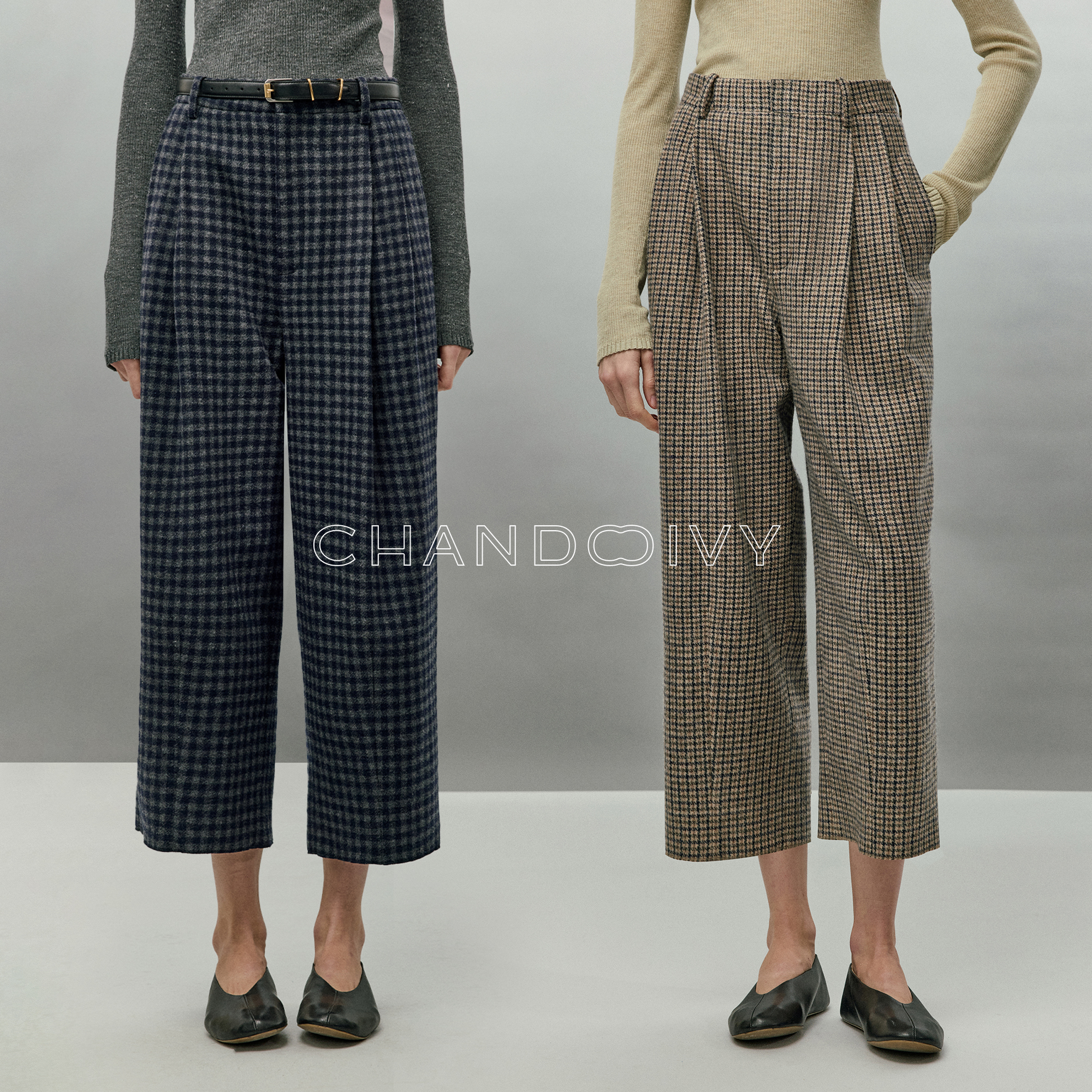 CHANDOOIVY日本进口复古千鸟格/定纺格纹呢立体双褶微锥九分裤