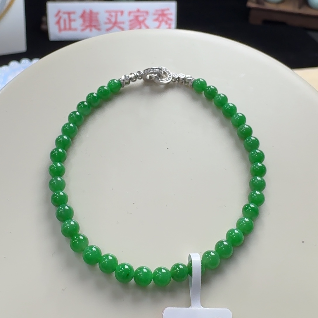 翡翠未镶嵌手串巨巨漏！胶润细腻满色正阳绿卡4.2
