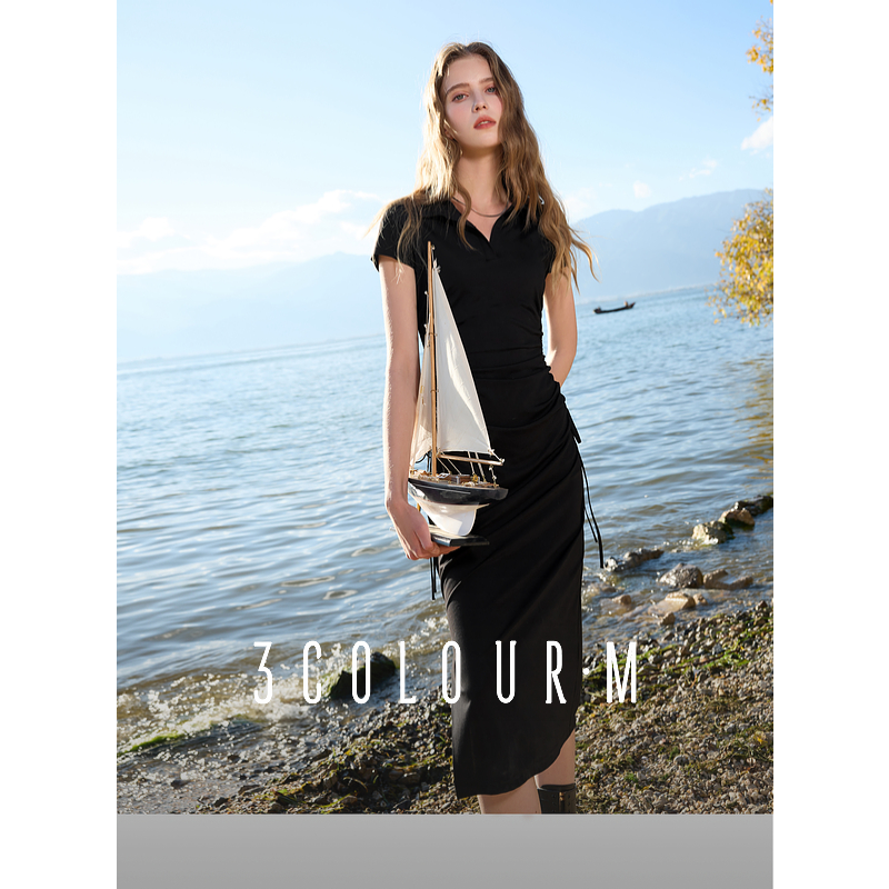 【黛一专属】D401DM20JL20三彩2025春季新款Polo领小黑裙短袖dbq