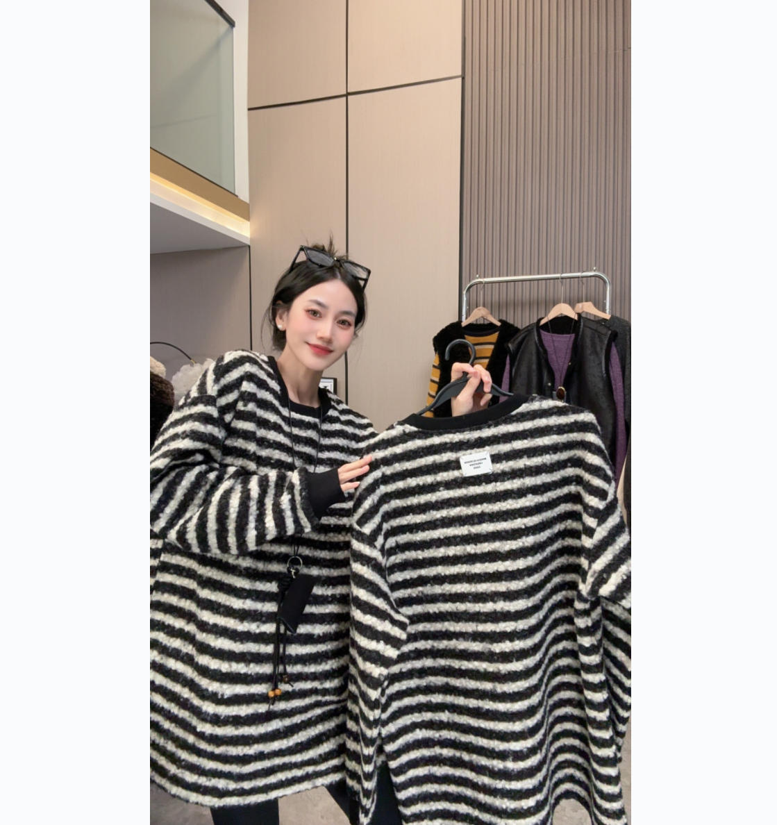 【慵懒条纹】设计款~加厚撞色条纹时尚休闲简约中长款打底上衣