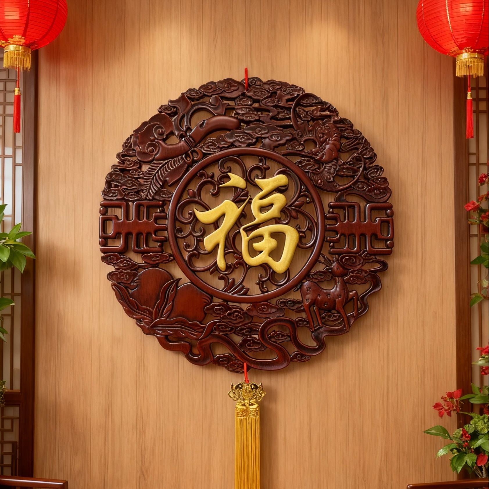 香樟木 描金福字 经典福禄寿喜福挂 大号直径38公分（送配件挂钩）
