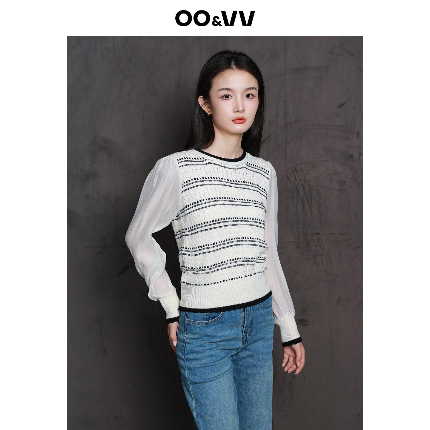 OO&VV透视长袖拼接条纹毛衣针织衫女士打底内搭上衣早秋2025新款