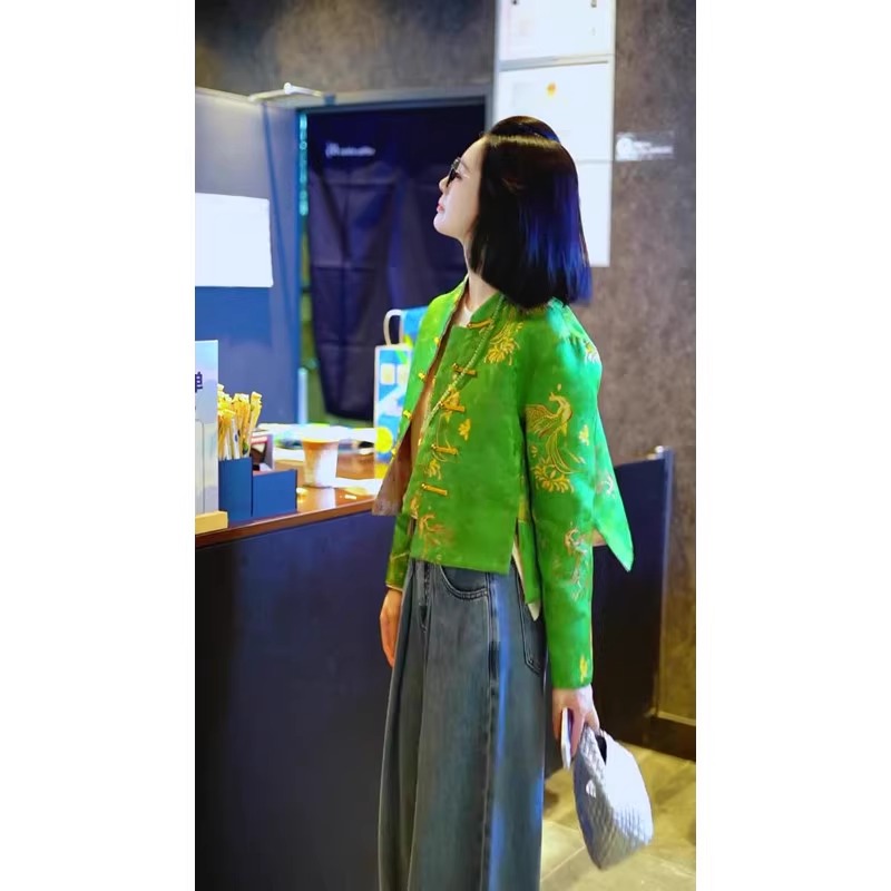 清冷感复古风禅意精致绿色印花上衣冬季改良年轻款对襟盘扣外套女