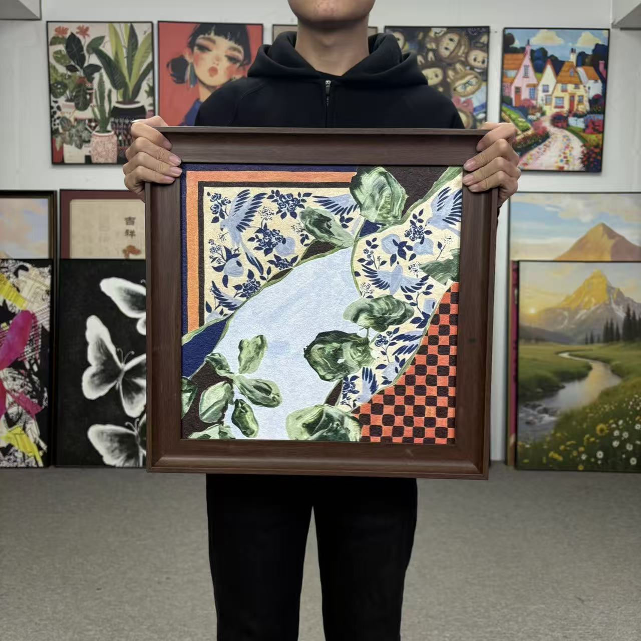 轻奢小众风棋盘格花鸟装饰画用于客厅玄关背景墙5050