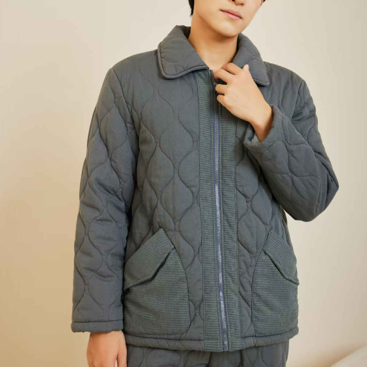 韩绿三层夹棉加厚可外穿家居服