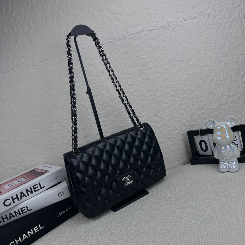 95新 Chanel/香奈儿 黑银cf jumbo单肩斜挎链条包 16开