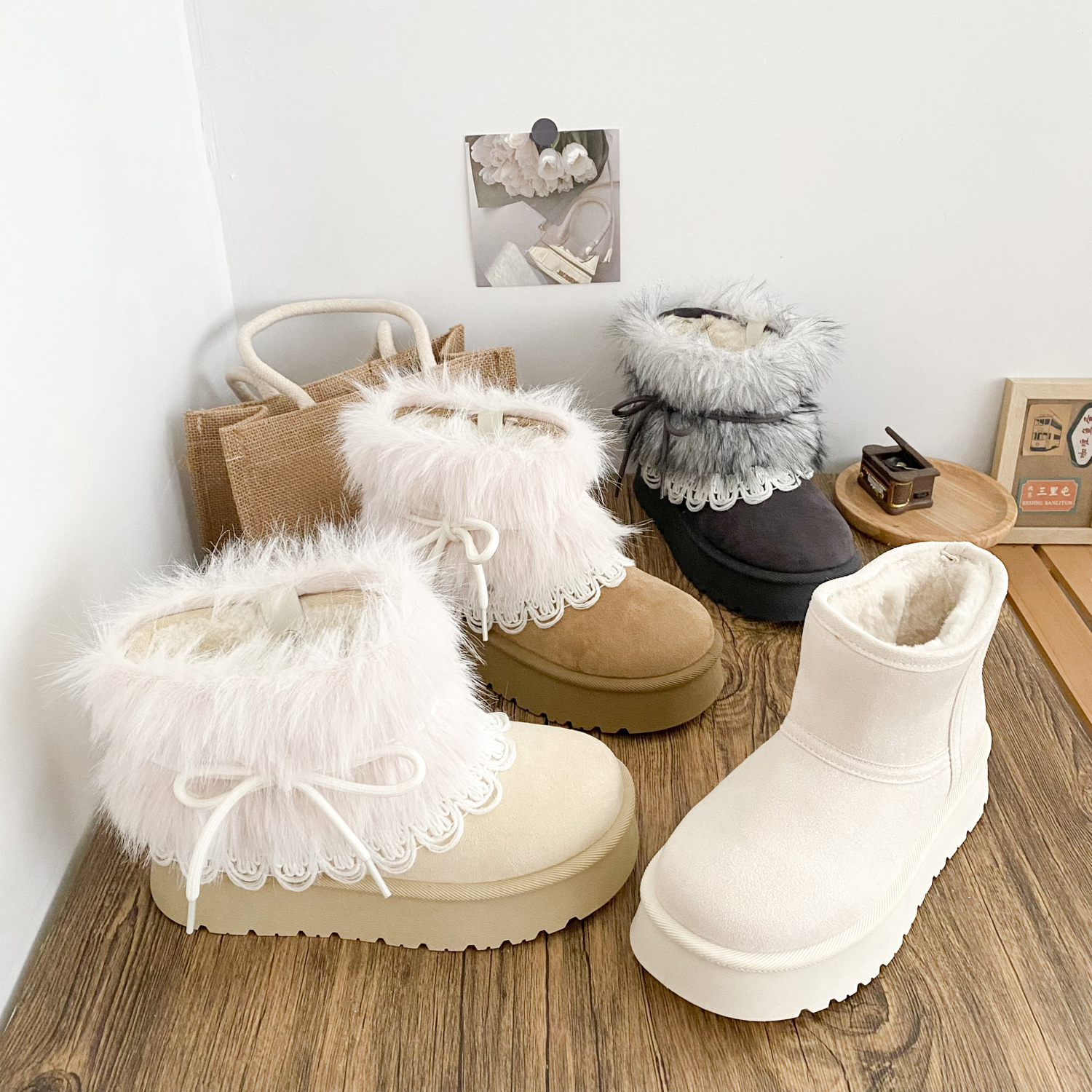 希玥费尔岛两穿毛毛棉鞋女款2025加绒爆款韩系厚底保暖加厚雪地靴