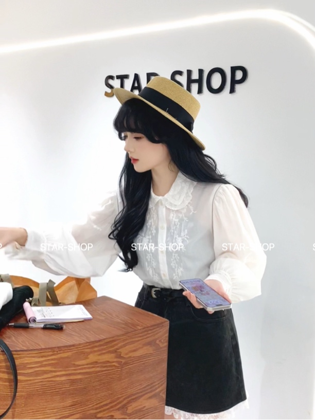 ｛韩系少女｝春 刺绣小翻领 气质 衬衫