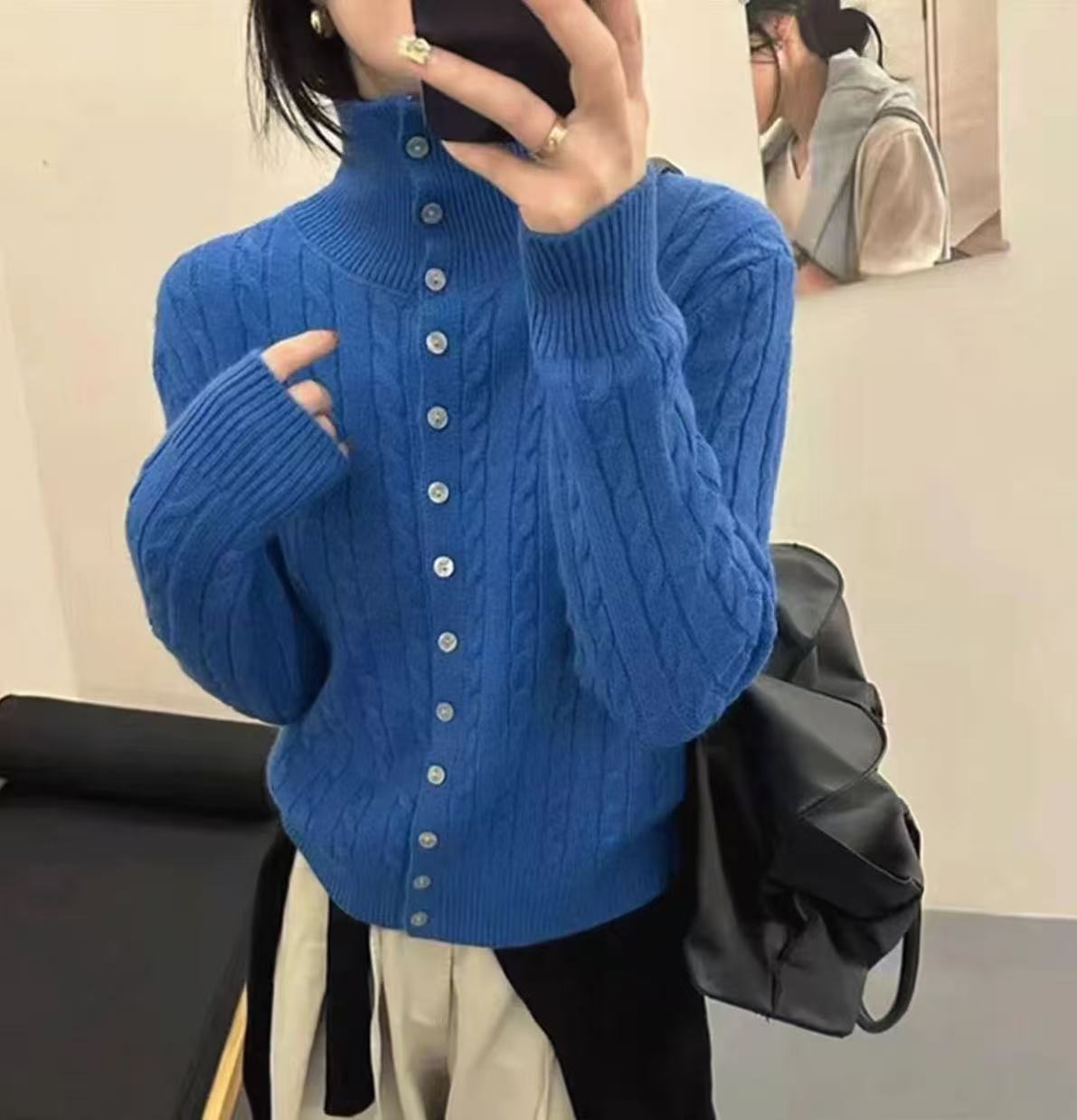 【麻花高领】冬季新品单排扣软糯针织开衫宽松百搭休闲保暖毛衣女