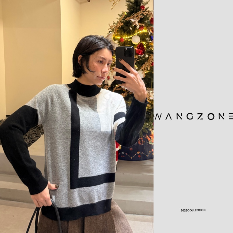 WANG ZONE | 【蒙德里安】艺术中古系列100山羊绒半高领几何撞色针