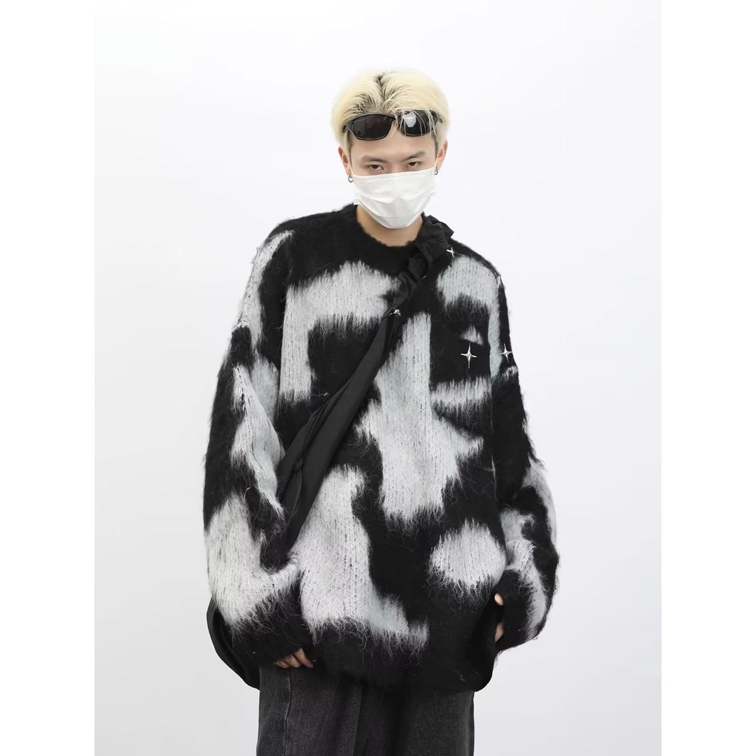 秋冬季慵懒风毛衣男女同款宽松拼色设计感潮牌美式毛针织衫潮