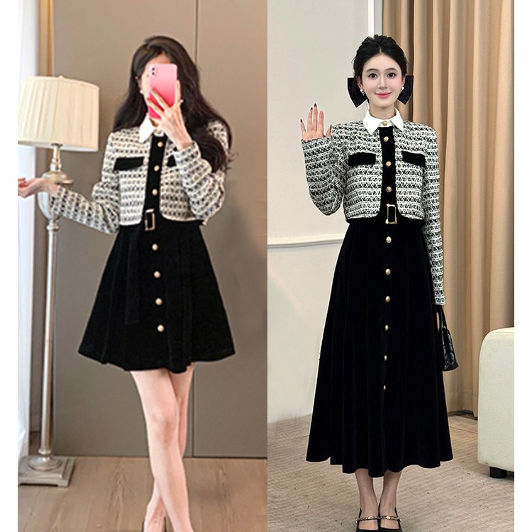 【璇子】6822大码秋冬高级感富家千金小香风千鸟格外套+连衣裙套装