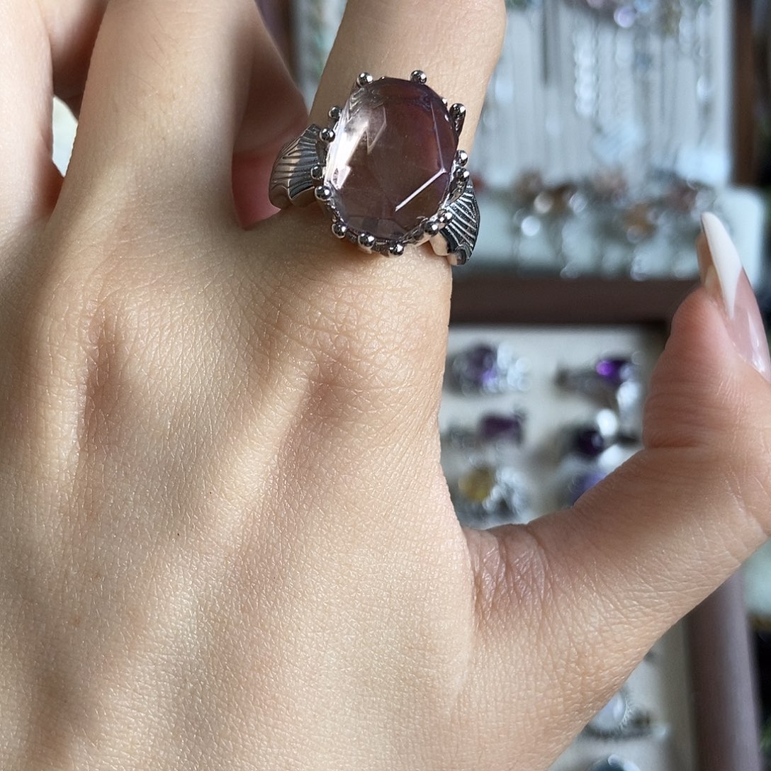 海***奥烟晶戒指银S925镶嵌紫黄晶随形