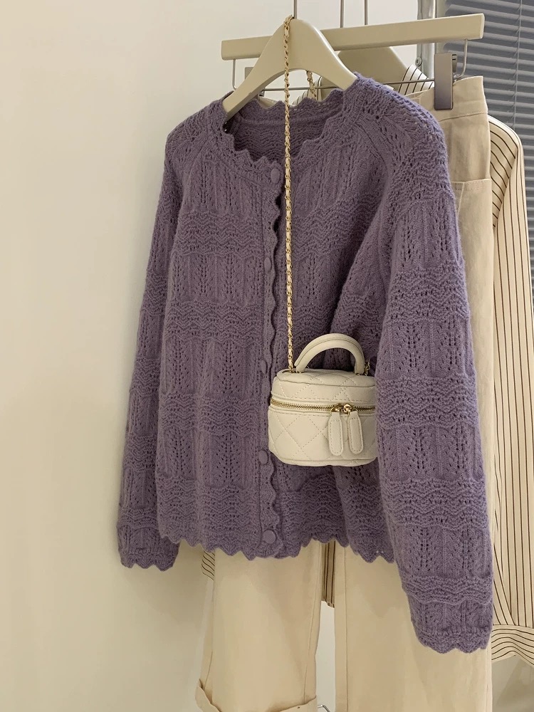 小香风时尚冬季镂空秋冬宽松落肩短款针织衫毛针织衫