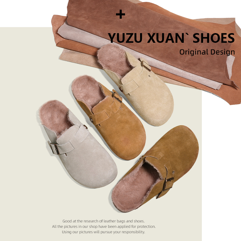 【克明专属】3CM牛皮勃肯鞋女毛毛鞋秋冬新款加绒女鞋日系包头半拖