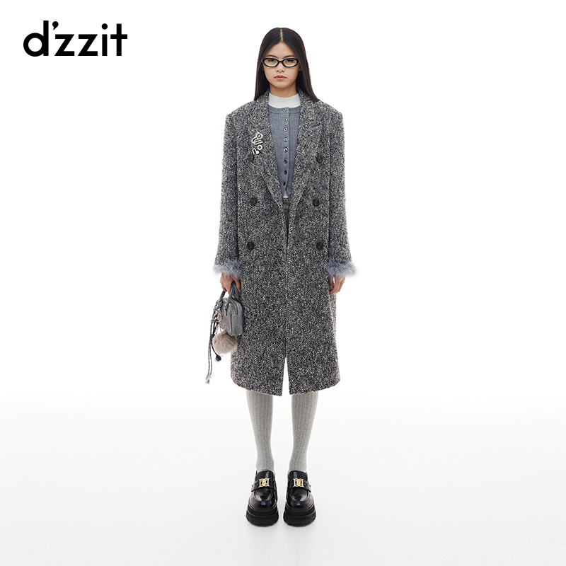 dzzit地素毛呢大衣冬季摩登胸针设计粗花呢长款外套女3I4G301