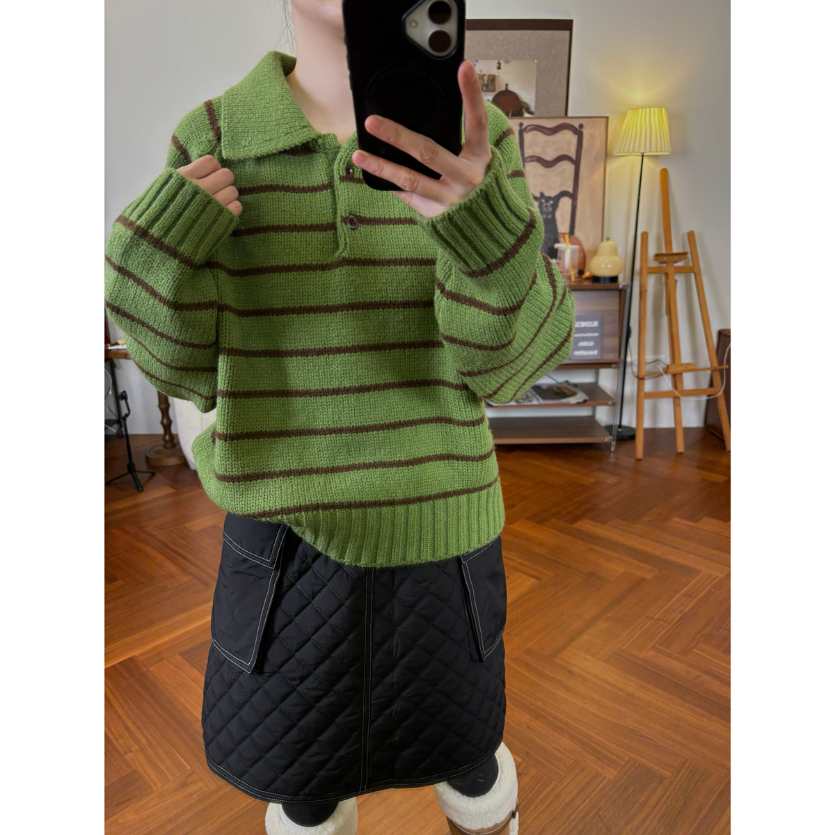 韩系显白百搭条纹POLO毛衣女2025秋冬新款宽松显瘦翻领针织衫套头