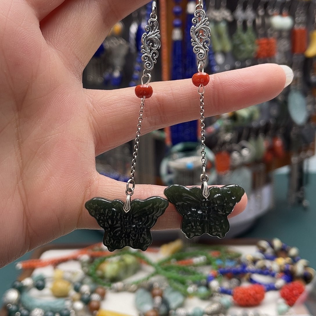 和田玉耳饰银S925镶嵌饰品