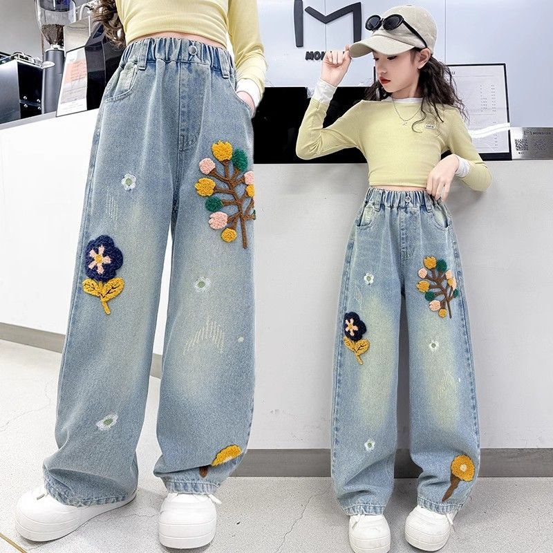 女童裤子春秋2025新款儿童冬季时髦牛仔裤女孩春季加绒休闲阔腿裤