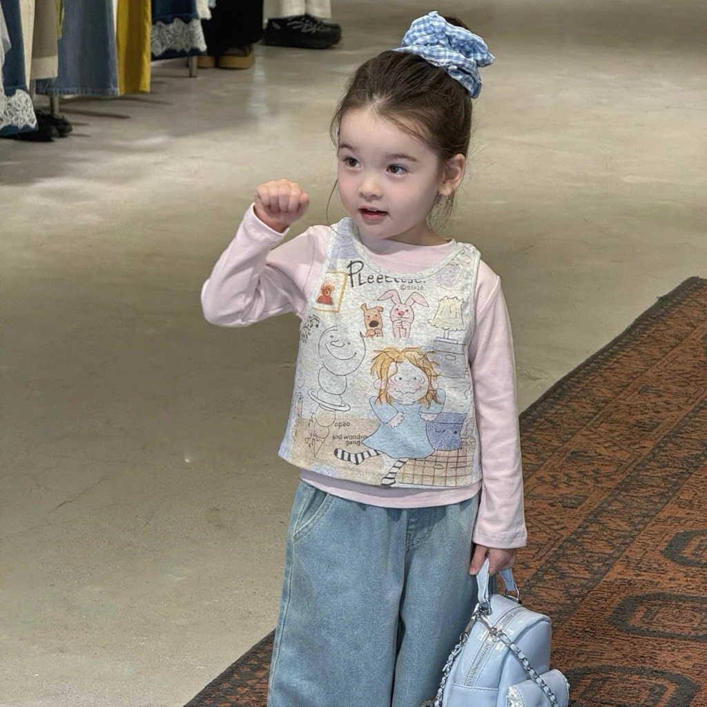 【秋上新】女童秋装韩系高级感女宝宝可爱卡通无感印花两件上衣背心